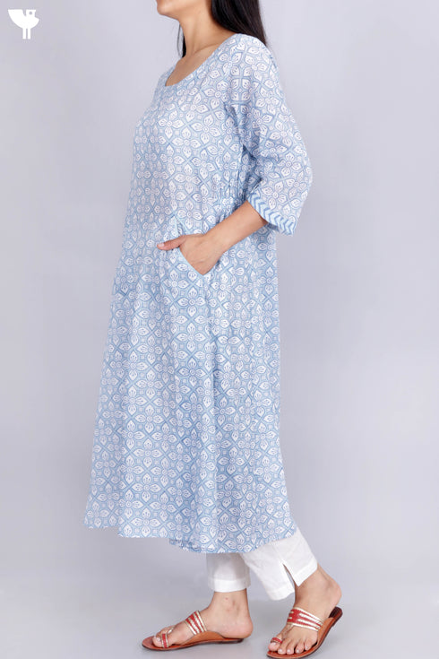 Cambric Cotton Dress In Graphic Block Print